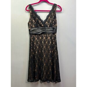 S.L. Fashions Dress Womens 6 Black Tan Floral Lace Sequin V-Neck A-Line Party